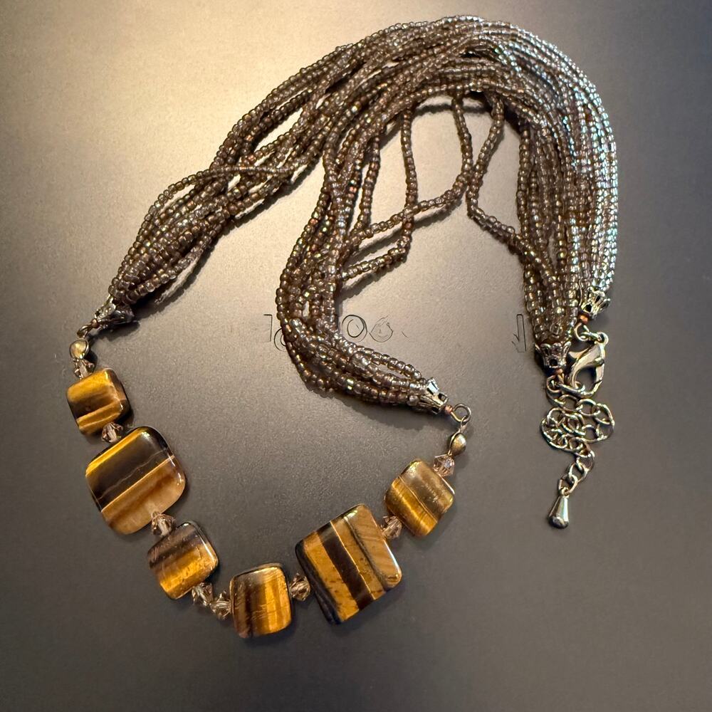 Polished Tiger Eye Gemstone Multi-Strand Seed Bead Necklace